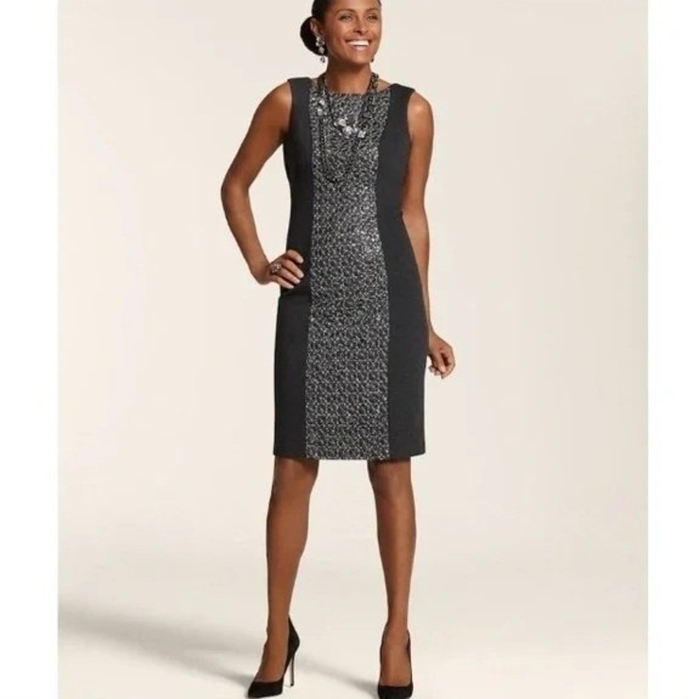 Chicos Talia Sequin Panel Sheath Dress Heather Gray Sparkle Sleeveless Size‎ 0/S